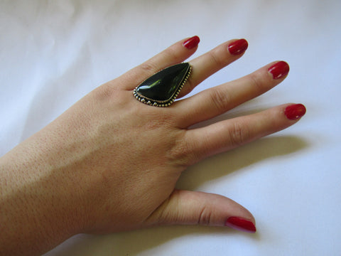 Silver Plated Large Stone Ring - Green Triangle