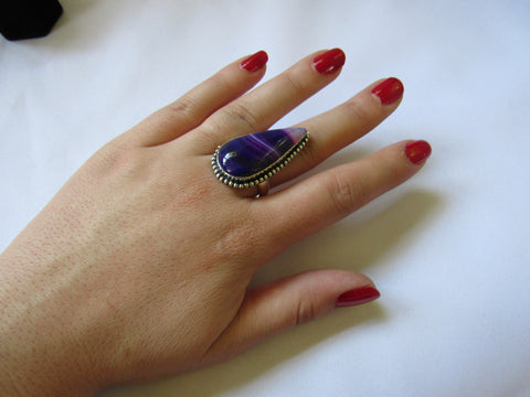 Silver Plated Large Stone Ring - Purple Pear