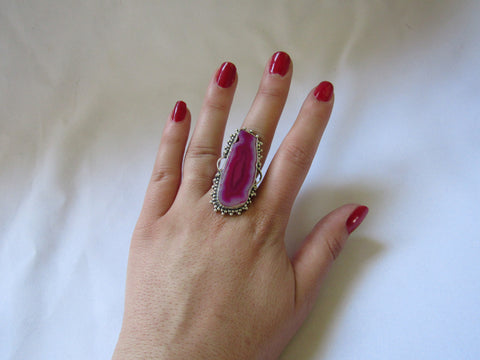 Silver Plated Large Stone Ring - Pink