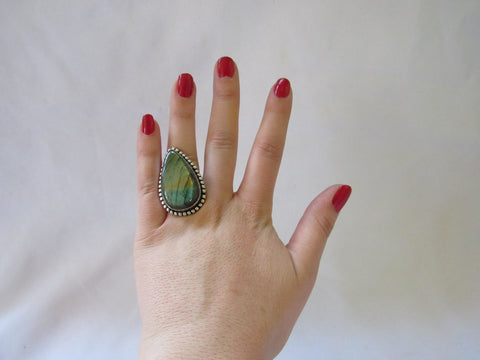 Silver Plated Large Stone Ring - Iridescent Pear