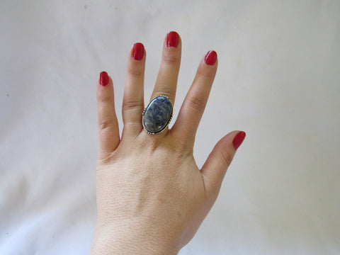 Silver Plated Large Stone Rings - Blue Oval