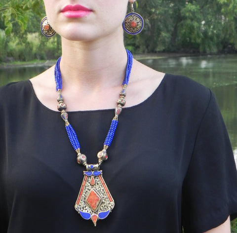 Tibetan Necklace, Pendant w/ Coral & Lapis