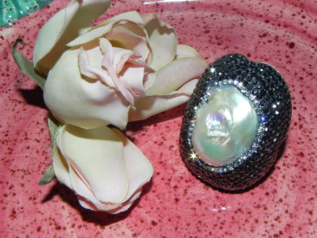 Sterling Ring, Pearl w/ Swarovski Crystals "Adjustable"