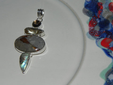 Stone + Sterling Pendant w/ Jasper, Abalone & Chalcedony