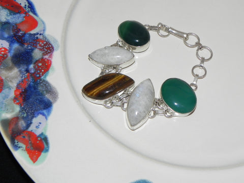 Silver Plate + Stone Bracelet w/ Aventurine, Moonstone & Tigers Eye