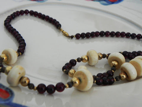 Vintage Necklace w/ Garnet & Bone Discs