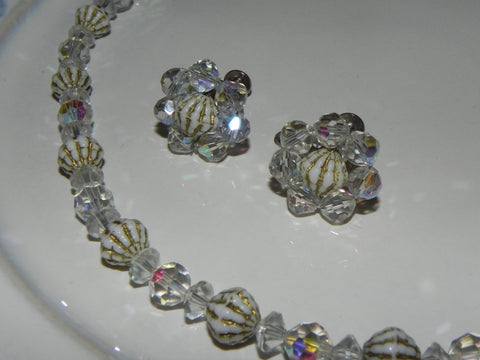 Vintage Set, Crystal Textured Bicone Beaded Necklace & Cluster Earring