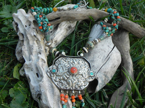 Tibetan Necklace, Handmade Turqouise Coral Conch Copal