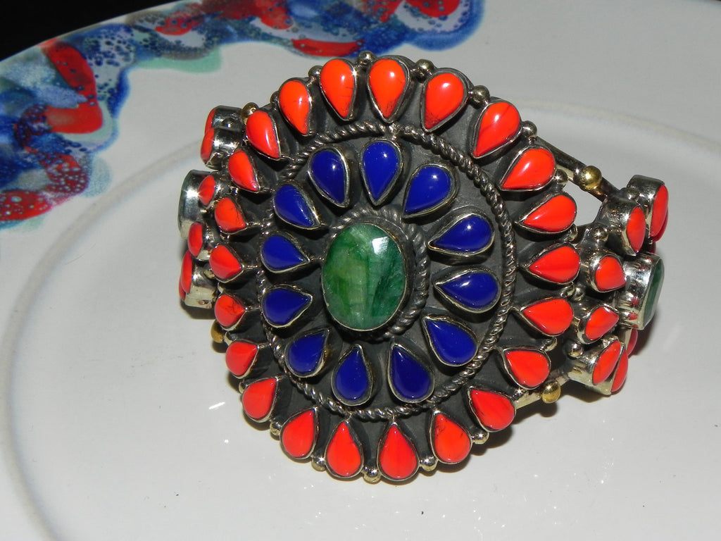 Tibetan Bracelet, Cuff w/ Emerald