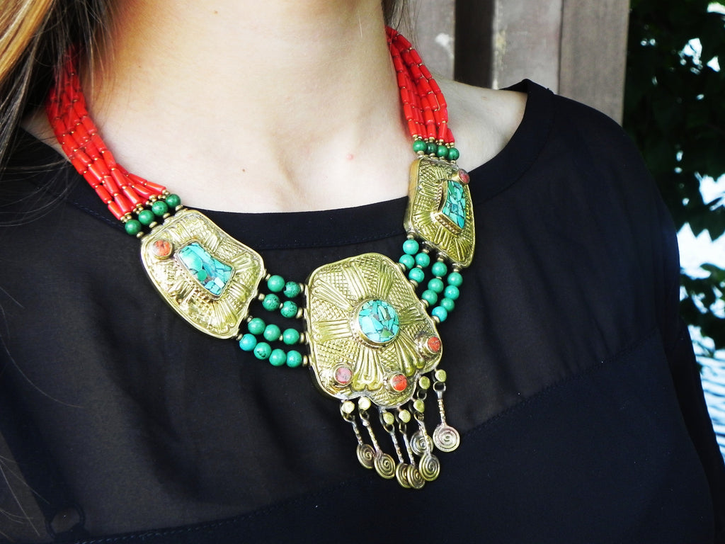 Tibetan Necklace, Brass Dangles
