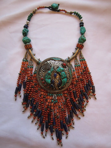 Tibetan Necklace Drippy Coral Turqouise Lapis with Center Pendant
