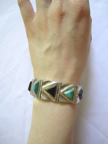 Estate Sterling Bracelet Mexican Malachite + Onyx Diamond Pattern