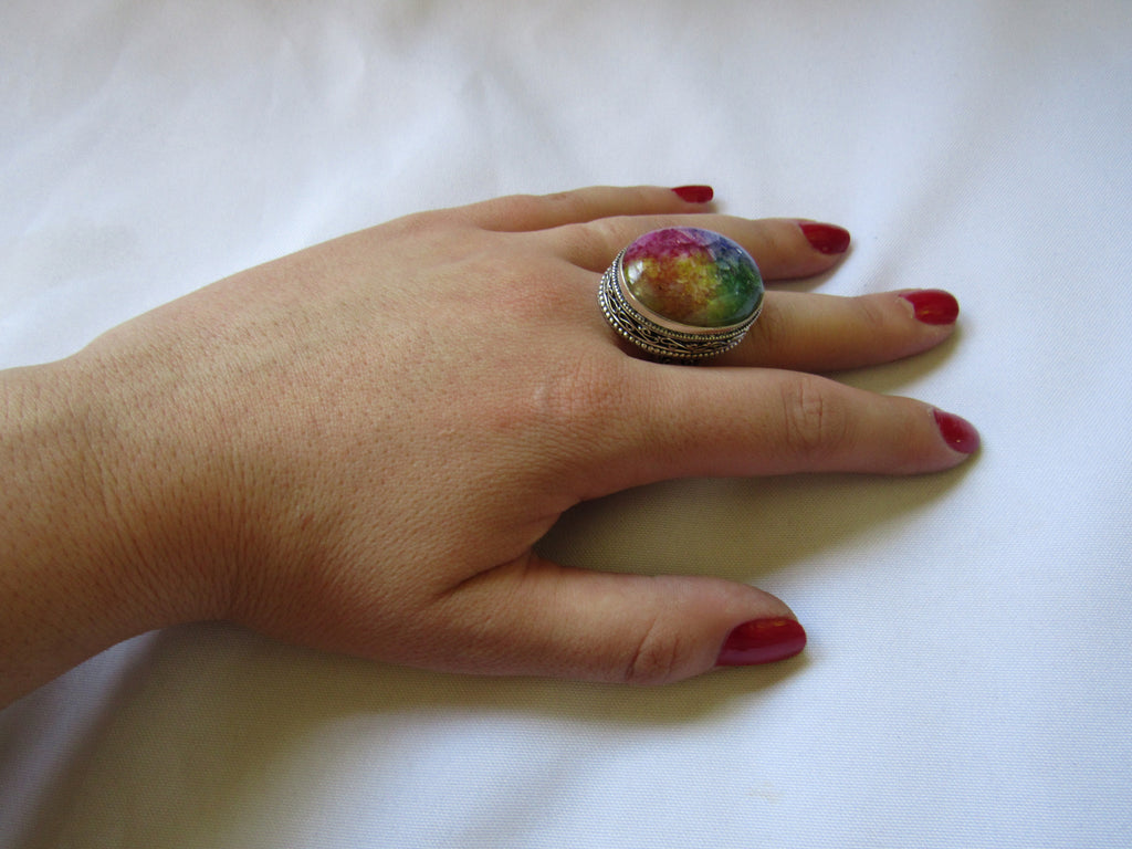 Silver Plated Large Stone Ring - Rainbow Oval