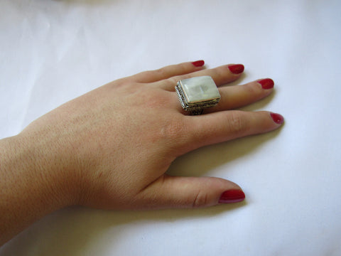 Silver Plated Large Stone Ring - Milky White