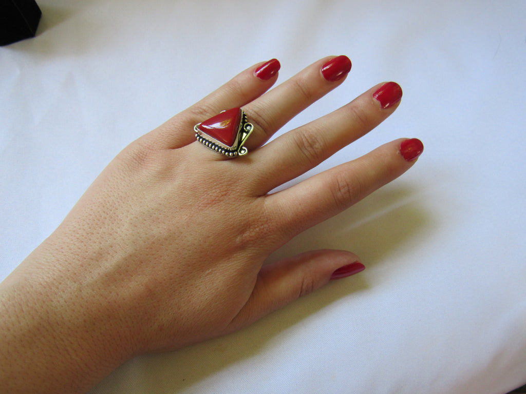 Silver Plated Stone Ring - Red Triangle