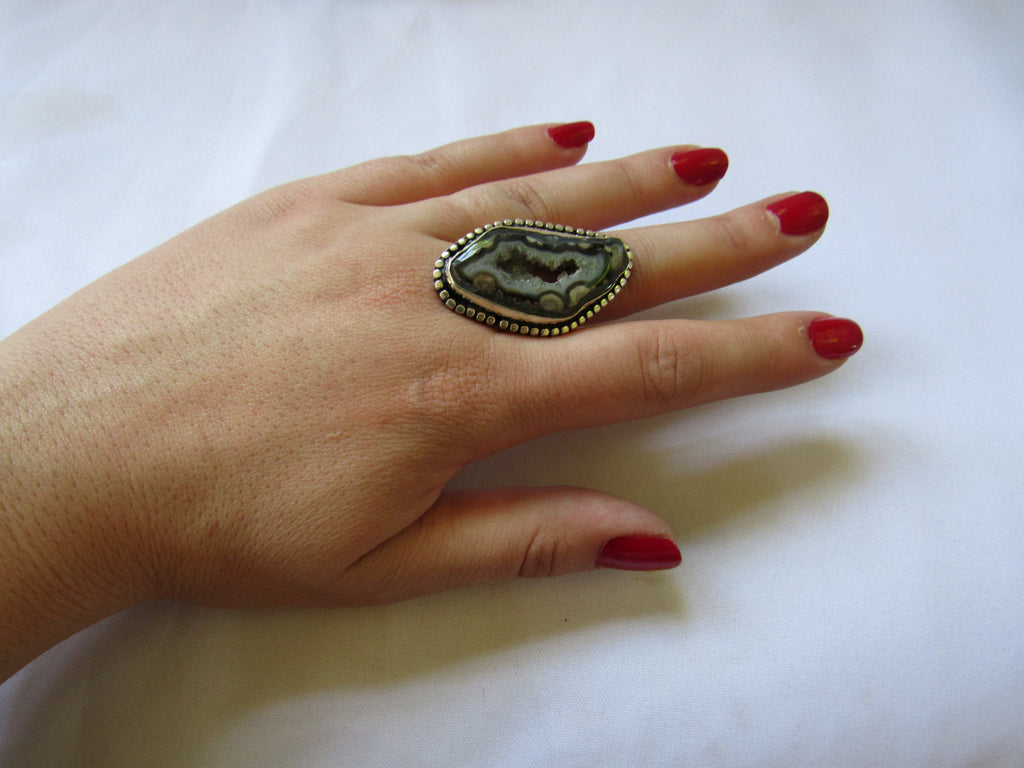 Silver Plated Large Stone Ring - Natural Blue