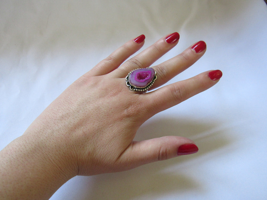 Silver Plated Large Stone Ring - Natural Pink