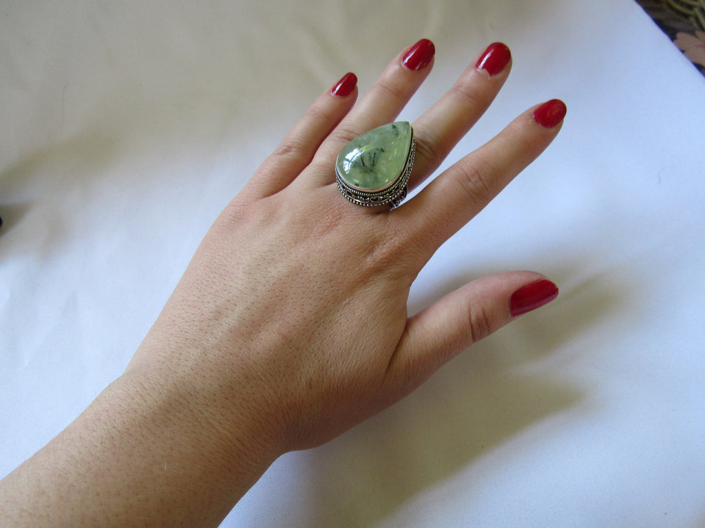 Silver Plated Large Stone Ring - Pear Green