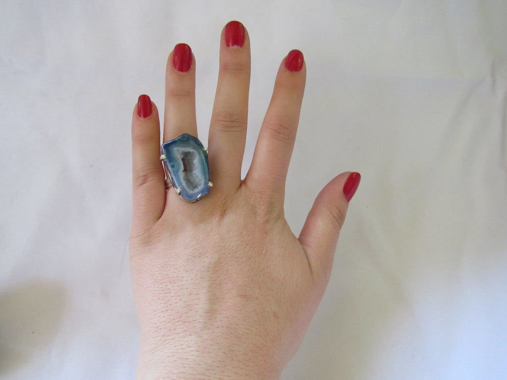 Silver Plated Large Stone Ring - Bright Blue