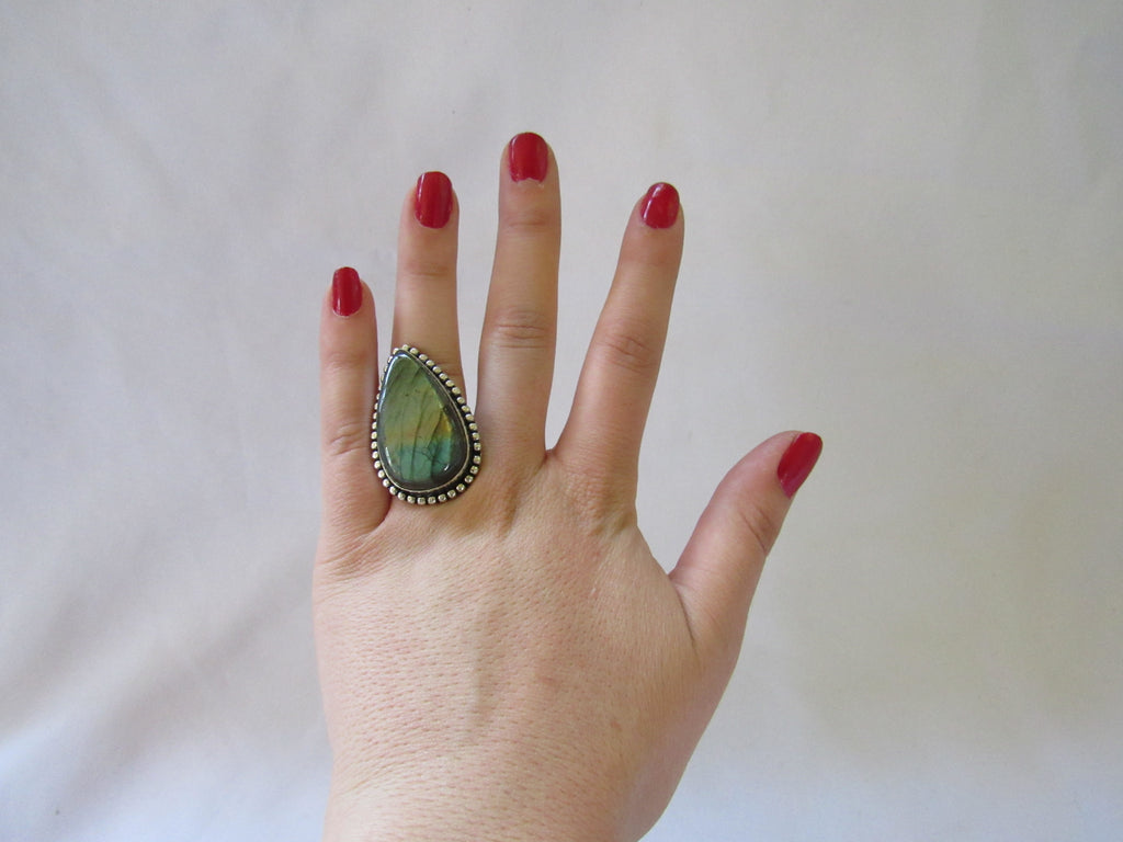 Silver Plated Large Stone Ring - Iridescent Blue