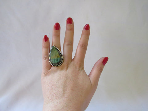Silver Plated Large Stone Ring - Iridescent Pear
