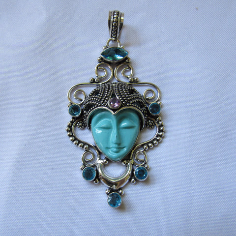 Sterling Silver Plated Moonface Pendant - Blue