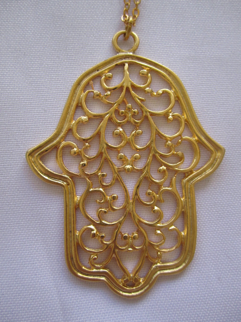 Turkish Pendant Necklace "Large Hamsa" 22Kt Gold Over Bronze- Handmade