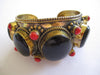 Tibetan Bracelet Cuff with 3 Black Onyx Stones + red Coral Accents