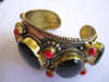 Tibetan Bracelet Cuff with 3 Black Onyx Stones + red Coral Accents