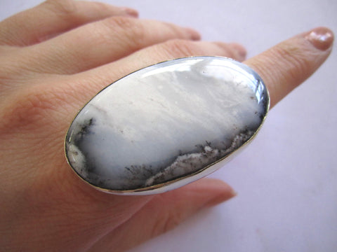 Tibetan Ring Dendritic Opal Huge Oval stone sz 8 3/4