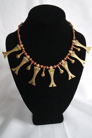 Naga India Necklace, "Tribal" Brass or Silver Handmade Beads with Red Glass