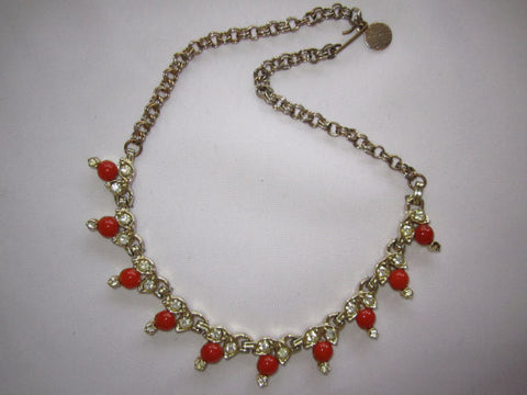 Vintage Necklace, Red Glass Cabachons Clear Rhinestone Necklace