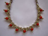 Vintage Necklace, Red Glass Cabachons Clear Rhinestone Necklace