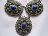 Vintage Necklace, Large Silver Blue Green Cabochon Necklace