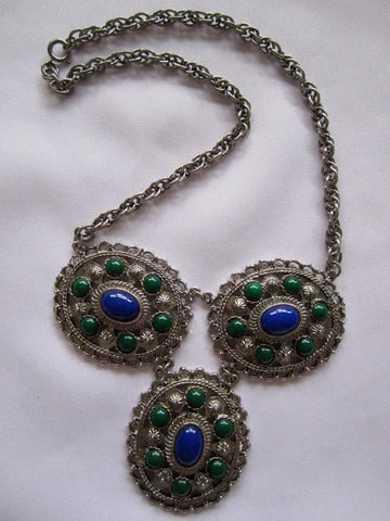 Vintage Necklace, Large Silver Blue Green Cabochon Necklace