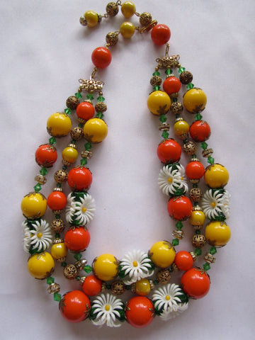 Vintage Necklace, Orange Yellow Flowers & Beads